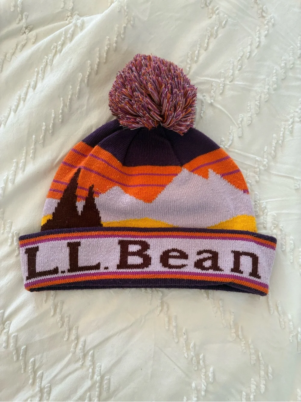 L.L. Bean  mountain Kids Knit Pom Beanie - Purple, Orange, Yellow